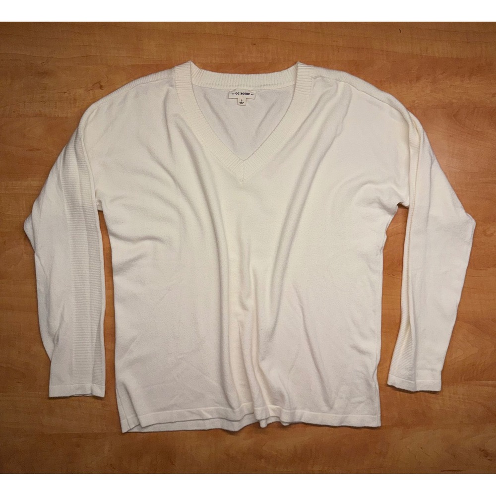 ee:some Cream V-Neck Sweater Drop Shoulder Ribbed Sleeve Detail Small